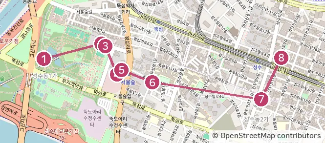 서울숲에서 성수 연무장길까지 이어지는 데이트 코스 지도. 서울숲·본다빈치뮤지엄·더페이지갤러리·언더스탠드에비뉴·디뮤지엄·카우앤독·대림창고·카페 어니언 위치 표시